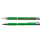 Two green retractable ballpoint pens with silver accents, shown from different angles on a white background.