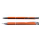 Two orange ballpoint pens with silver clips and tips, one with tip extended, on a white background.