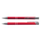 Two red ballpoint pens with silver accents, viewed from the side.