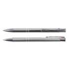 Two metallic ballpoint pens with clips, one uncapped showing the tip, the other capped, on a white background.