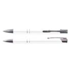 Two white pens with silver clips and tips, one with the tip extended and the other retracted, on a white background.