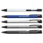 Five ballpoint pens in white, blue, and silver with Napier text and fern design, black clips and tips.