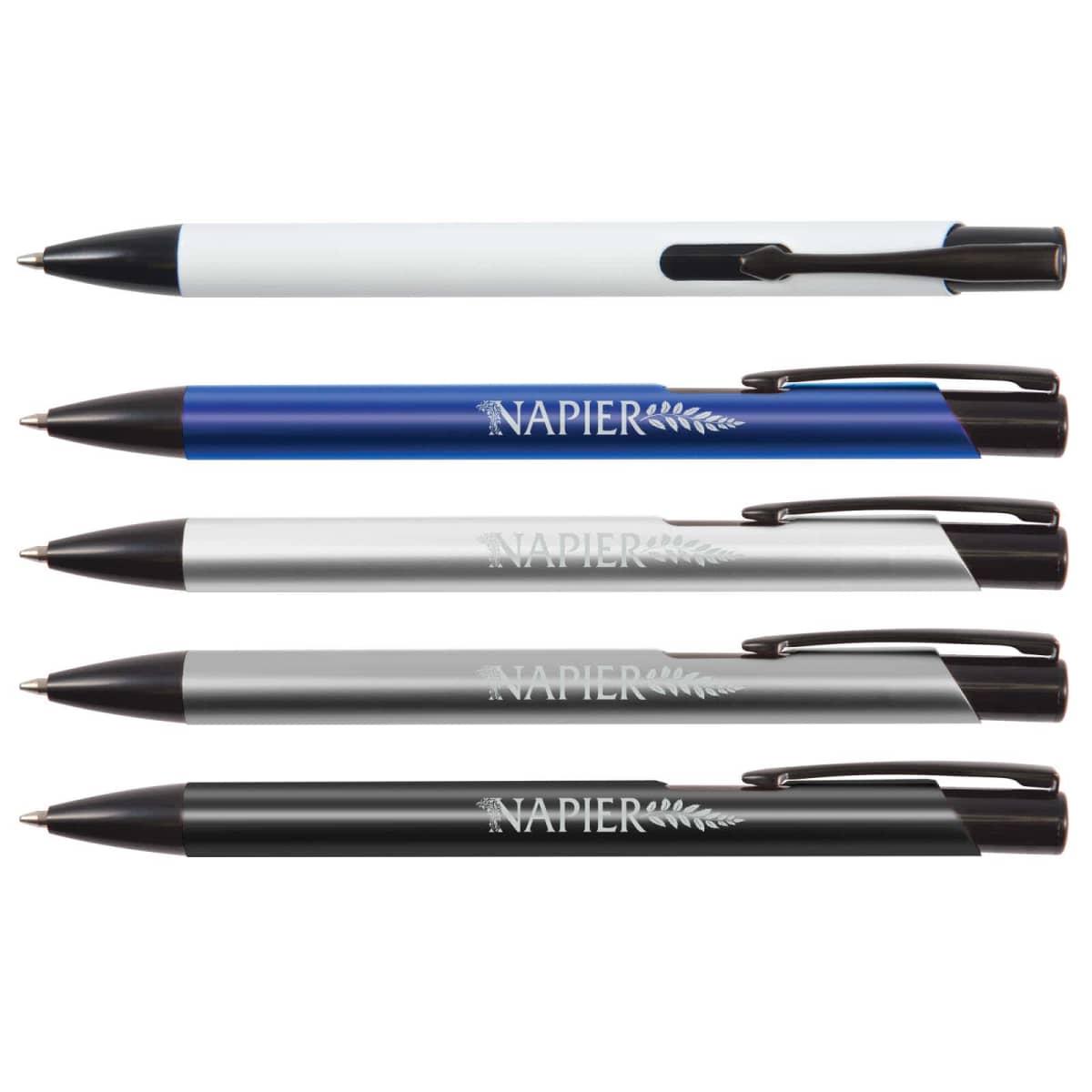 Five ballpoint pens in white, blue, and silver with Napier text and fern design, black clips and tips.