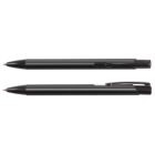Two black ballpoint pens, one with the tip extended and the other retracted, lying horizontally on a white background.