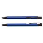 Two blue retractable ballpoint pens with black accents and clips, shown from different angles.