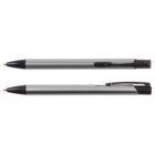Two sleek silver and black retractable ballpoint pens, shown from the side and top views.