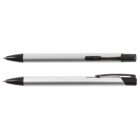 Two silver and black retractable pens, one retracted and one extended, shown side by side against a white background.