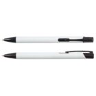 Two white ballpoint pens with black tips and clips, shown from the side and at a slight angle.