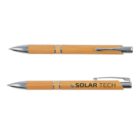 Two bamboo pens with silver accents, one featuring the SOLAR TECH logo.