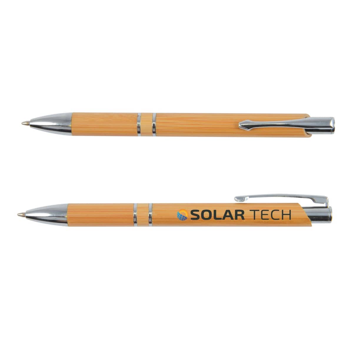 Two bamboo pens with silver accents, one featuring the SOLAR TECH logo.
