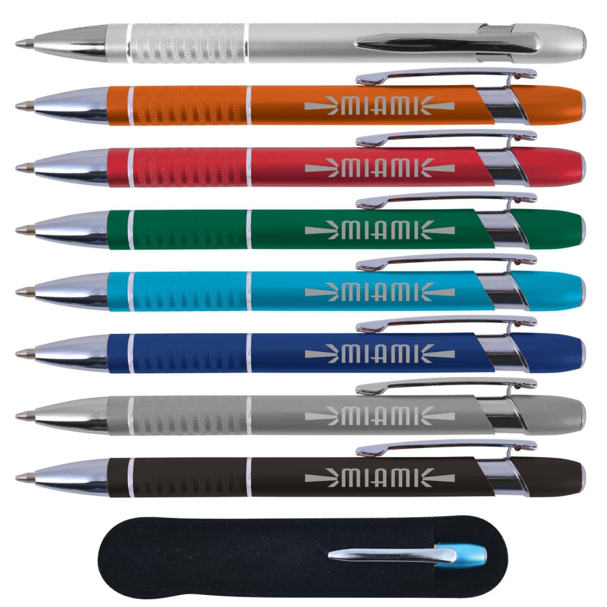 Colorful pens with MIAMI text, displayed in a row, with a black pen case below.