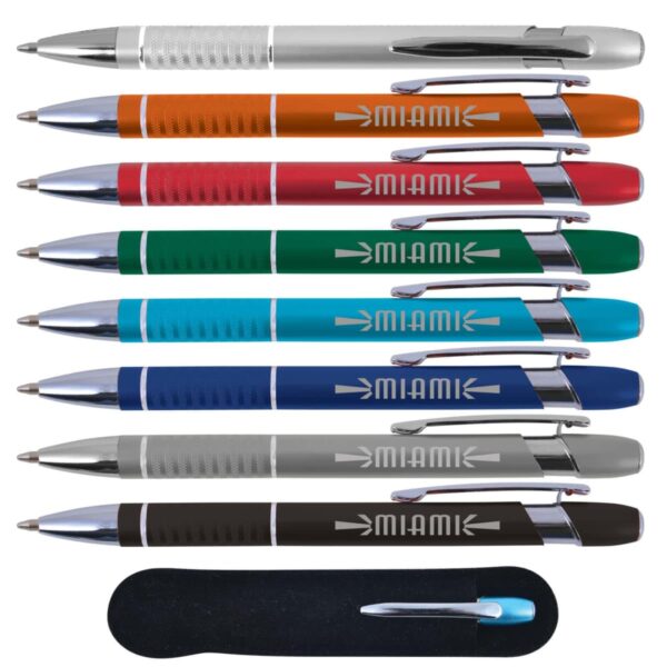 Nine colorful pens labeled Miami aligned horizontally, with one additional pen in a black sleeve below.