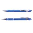 Two blue ballpoint pens with silver clips and tips, one with the tip retracted, placed side by side.