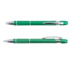 Two green pens with silver accents, one capped and one uncapped, with a pocket clip visible on the capped pen.