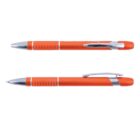 Two orange ballpoint pens: one with the tip extended and one closed with a clip, both have silver accents.
