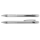 Two silver retractable pens with textured grips, shown from the side and top.
