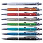 Eight colorful pens lined up, each with Hamilton engraved, in shades from silver to black, featuring a textured grip.