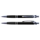 Two black ballpoint pens with textured grips and silver accents, shown one above the other, in different angles.