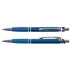 Two blue ballpoint pens with silver accents; one pen is uncapped, the other shows a silver clip.