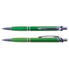 Two green ballpoint pens with silver accents, one shown from the side and the other from the top.