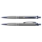 Two silver ballpoint pens with textured grips and pocket clips, shown from the side and angled view.