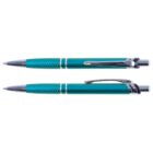 Two turquoise ballpoint pens with silver trim, one capped, the other uncapped, on a white background.