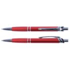 Two metallic red pens with a textured grip, shown from different angles on a white background.
