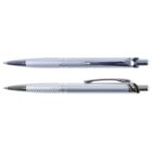 Two silver pens with textured grips and clips, viewed from the side and top.