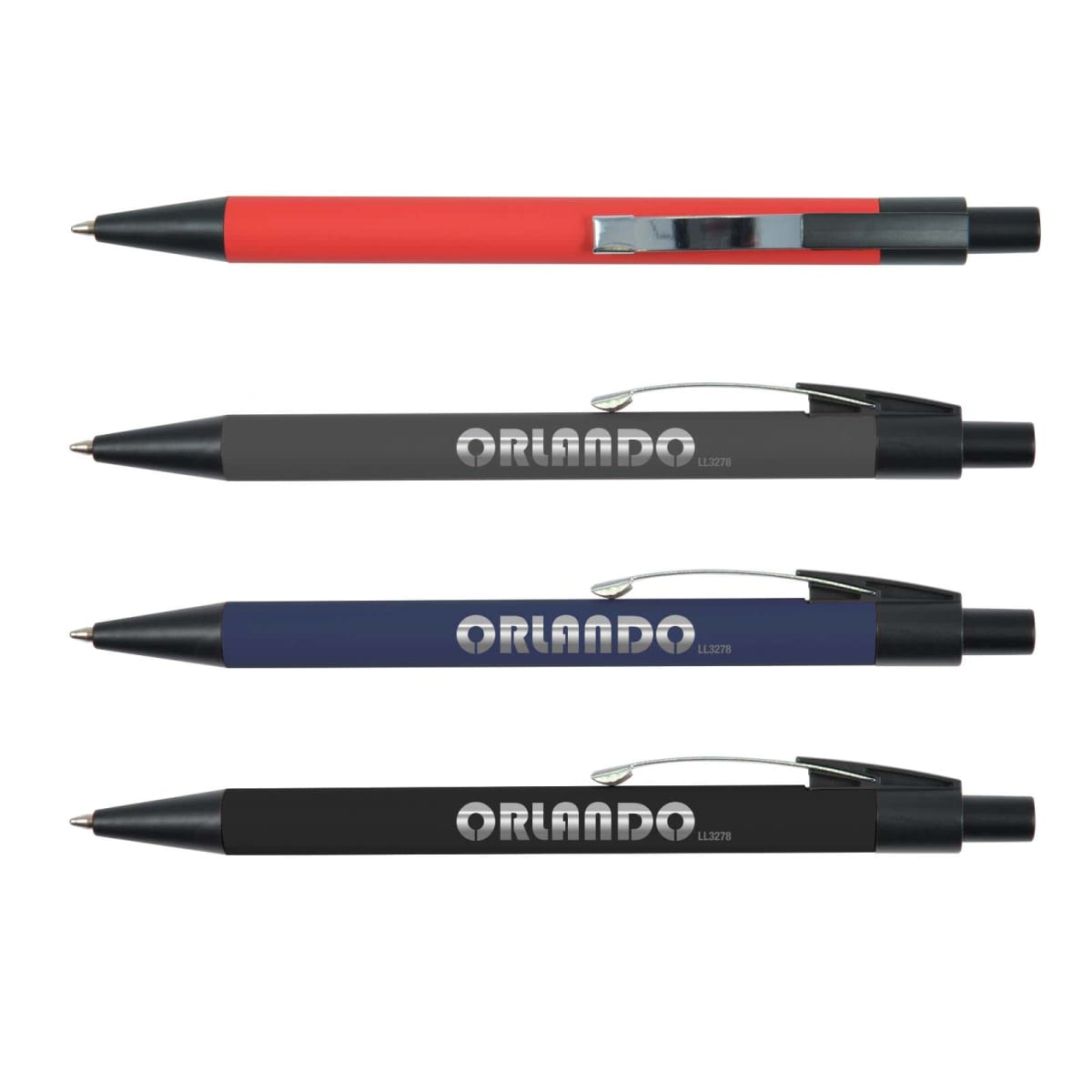 Four ballpoint pens in red, gray, blue, and black, each with a silver clip and ORLANDO text on the barrel.
