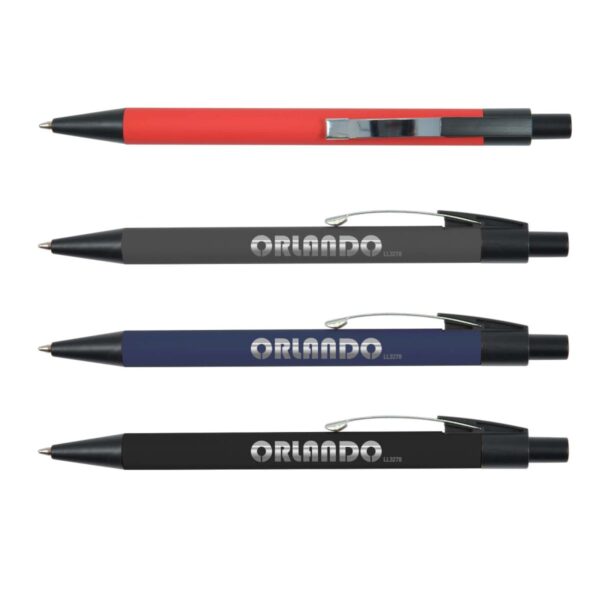 Four ballpoint pens in red, gray, blue, and black with silver clips, labeled Orlando.