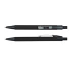 Two black ballpoint pens, one with the tip extended and the other retracted, shown in a side-by-side comparison.