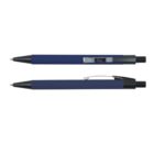 Two blue ballpoint pens with black tips and clips, one lying flat and the other showing the clip side.