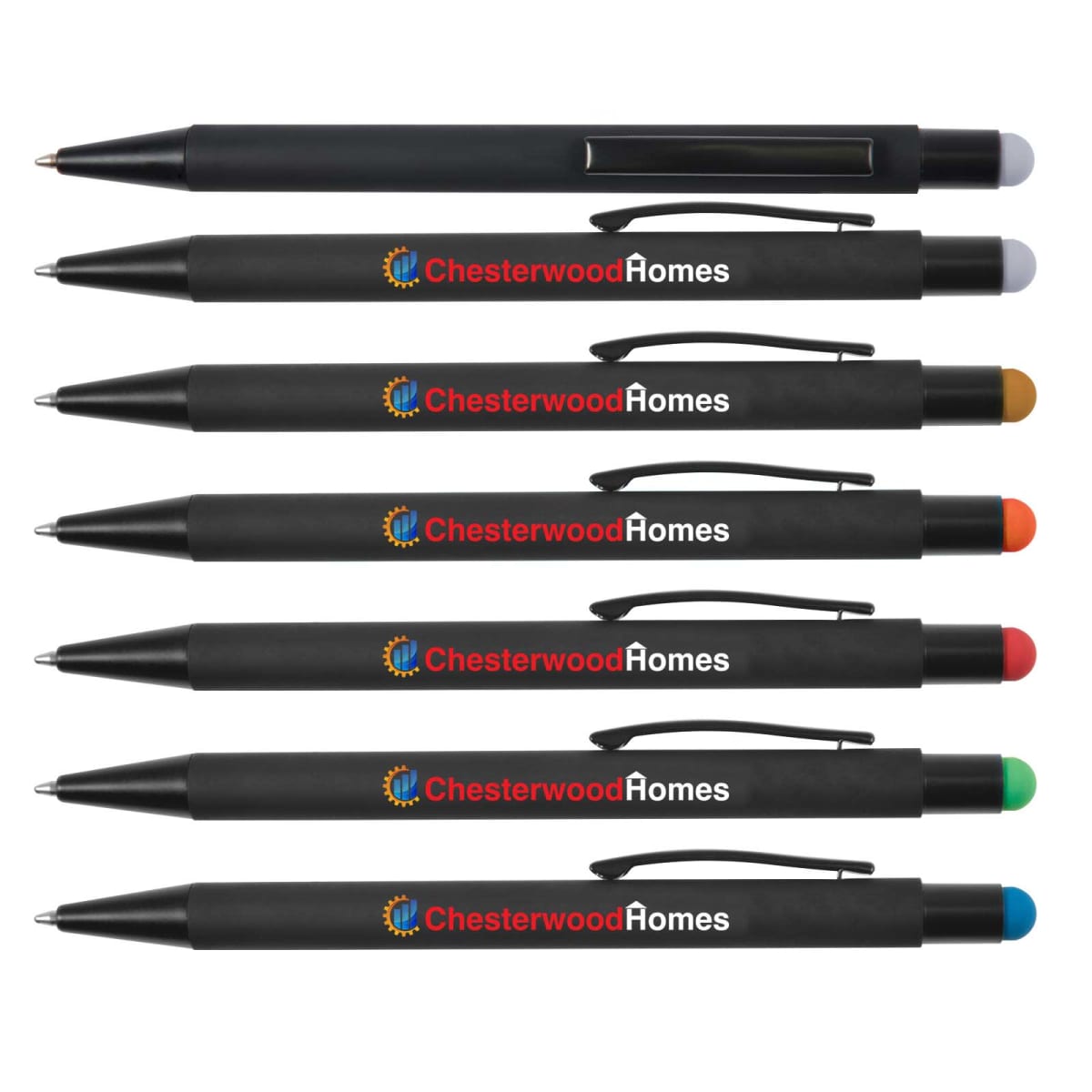 Seven black pens with different colored tops and clips, featuring Chesterwood Homes branding in white text.