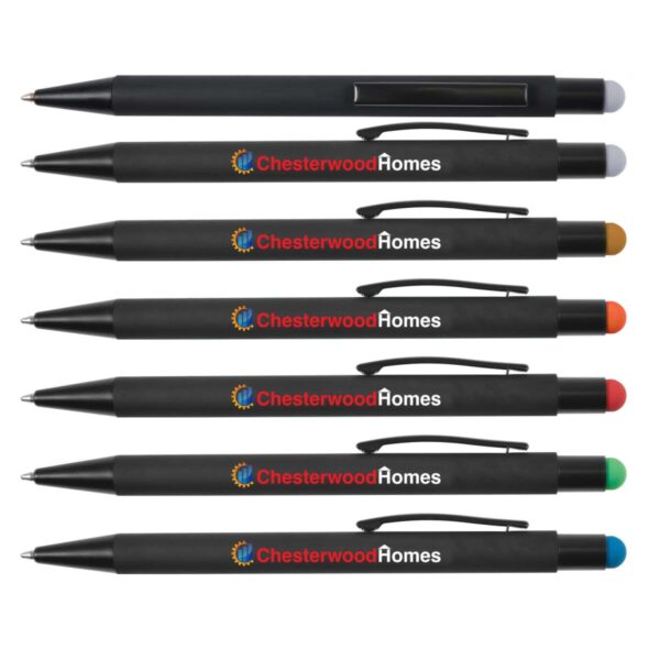 Seven black pens with colorful top buttons, each branded with Chesterwood Homes logo and different cap colors.