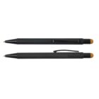 Two black pens with brown tips, one showing the clip side and the other showing the opposite side.