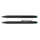 Two black pens with green tips, one with a clip, are shown horizontally against a white background.