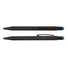 Two black ballpoint pens with blue tips and clips, shown from different angles against a white background.