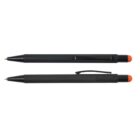 Two black pens with red tips; one shows a clip side, and the other shows a retractable side.