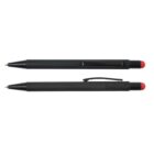 Two black stylus pens with red tips, one showing the clip side and the other the smooth side.