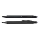 Two black pens with retractable tips and clips, lying parallel on a white background.