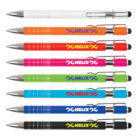 Eight colorful pens lined up horizontally with Helix branding, featuring stylus tips and metal clips.