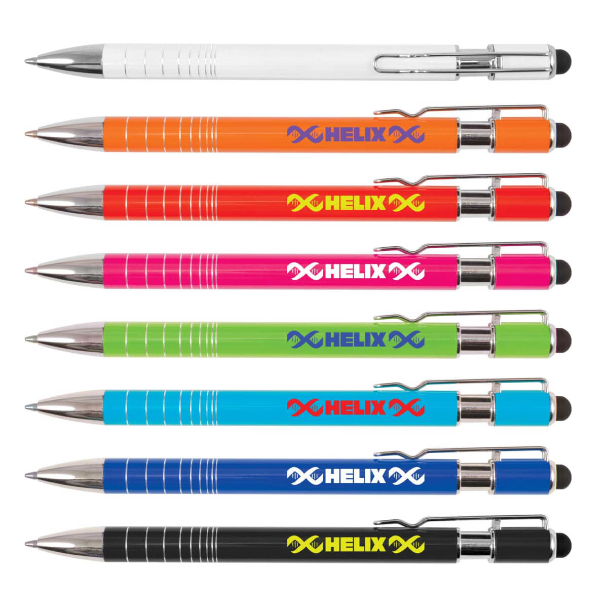 Eight colorful pens lined up horizontally with Helix branding, featuring stylus tips and metal clips.