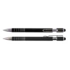 Two black ballpoint pens with silver tips and clips, lying parallel on a white background.