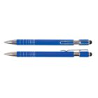 Two blue ballpoint pens with silver tips and clips, placed parallel on a white background.