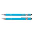 Two blue stylus pens with chrome accents, one horizontal with cap on; the other uncapped, tips facing opposite directions.