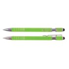 Two green ballpoint pens with silver tips and clips, one retracted, one open, both with stylus ends.