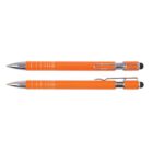 Two orange ballpoint pens with silver accents, one lying flat and the other showing the clip side and stylus tip.