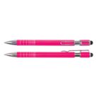 Two pink stylus pens with silver accents, one capped and one uncapped, laid side by side on a white background.