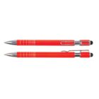 Two red pens with silver accents, featuring a clip and rubber tip, placed horizontally side by side.