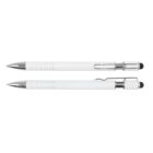 Two white stylus pens with silver tips and clips, placed parallel, one facing up and the other down.